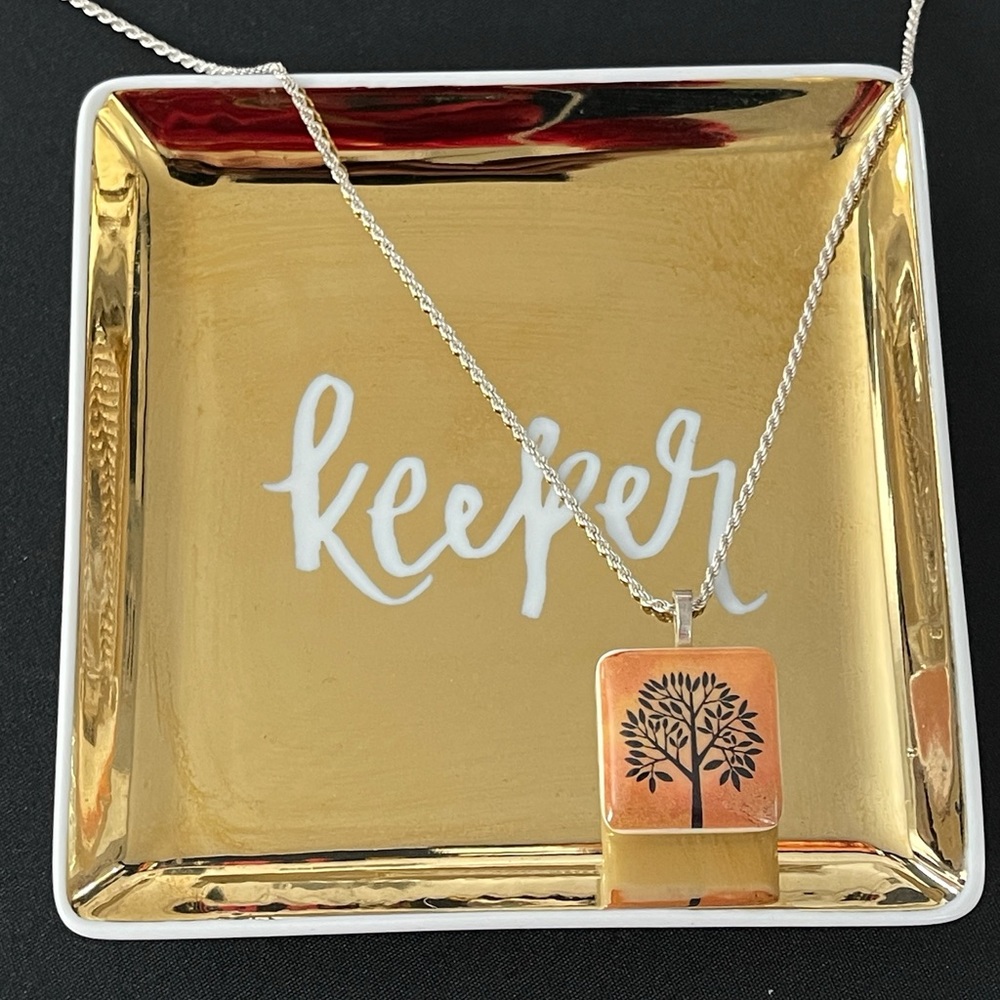 Fused Glass with Tree of Life Image Orange
